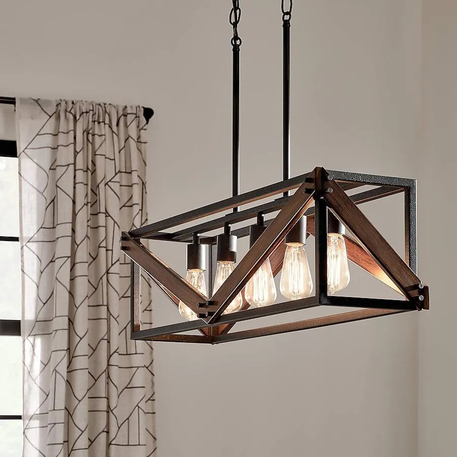 Kichler Barrington 5 -Light Distressed Black and Wood Tone Rustic Linear Large Hanging Kitchen island light