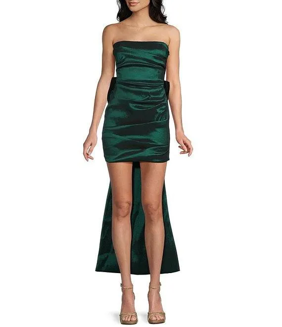 Strapless Taffeta Bow Back With Detachable Train Mini Dress