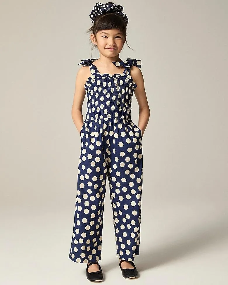 Girls' smocked jumpsuit in linen-cotton blend