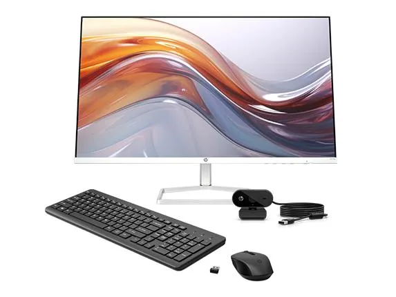 HP Series 5 27 inch FHD Monitor with Speakers, HP 330 Wireless Mouse and Keyboard + HP 320 FHD Webcam Bundle