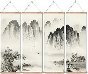 Landscape Painting,Chinese Ancient Architecture Posters and Prints,traditional Ink Decor,Wall Art Black and White for Living Room Bedroom,4 Piece Set Fixed Wooden Hanging Scroll (landscape, 12”x36”x4piece)