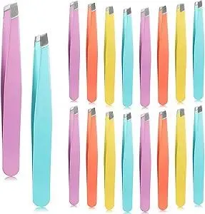 Maitys 16 Pieces Slanted Eyebrow Tweezers Stainless Steel Tip Precision Tweezers Bulk for Women and Men Personal Care Ingrown Hair, Facial Hair and Lash Extension