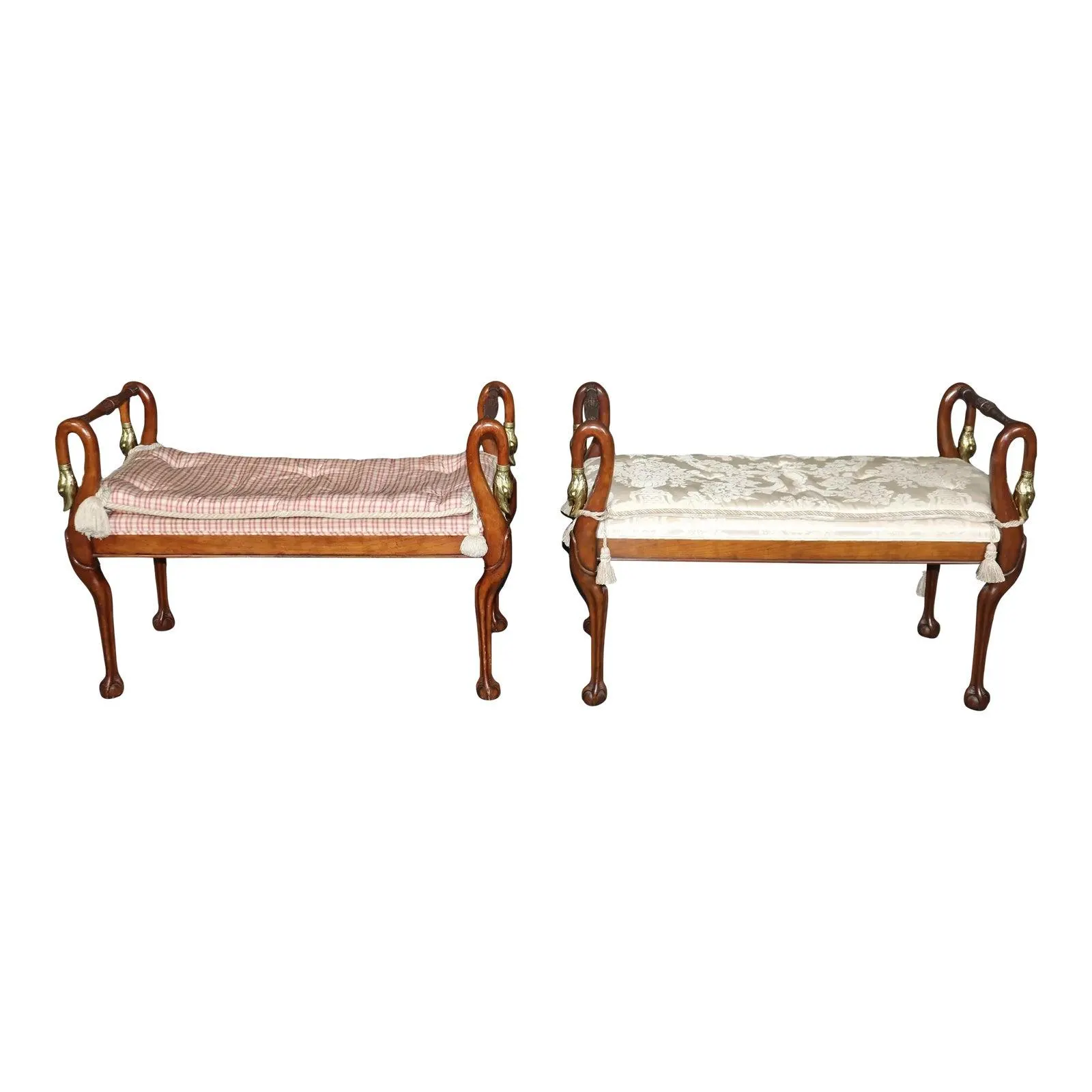 Pair of French Regency Style Walnut Upholstered Benches With Brass Swans Heads