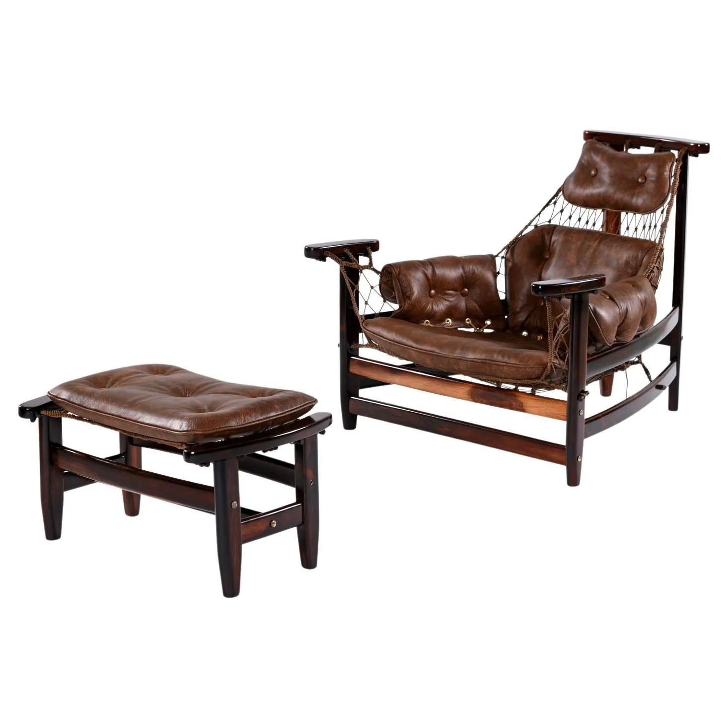 Brazilian Jangada Rosewood & Leather Sling Chair with Ottoman by Jean Gillon