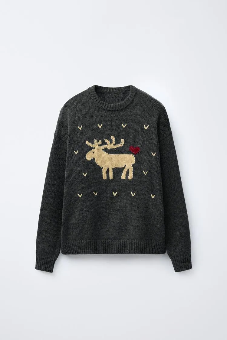 WOOL KNIT JUMPER EMBROIDERED REINDEER HEARTS