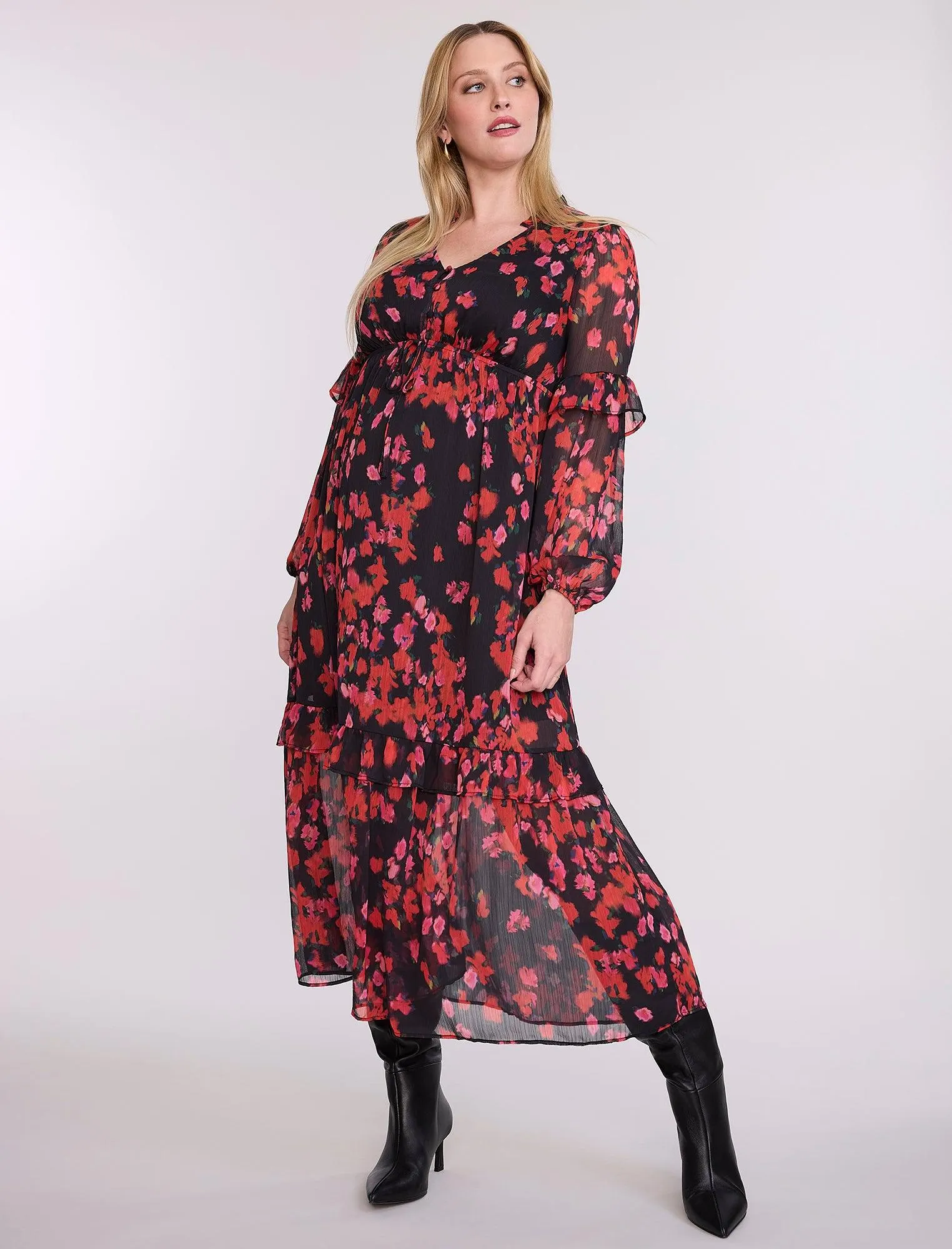 Long Sleeve Tiered Maxi Dress with Drawstring