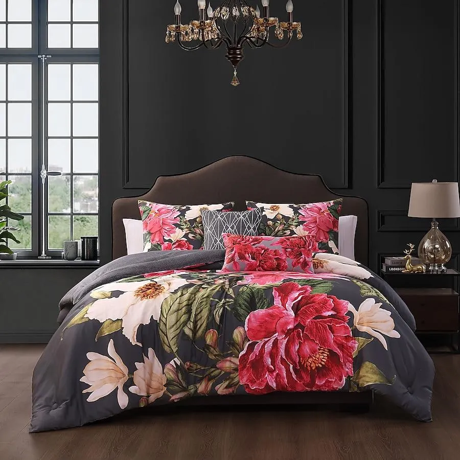 BEBEJAN Flower Garland Grey Floral Reversible Queen Comforter Cotton
