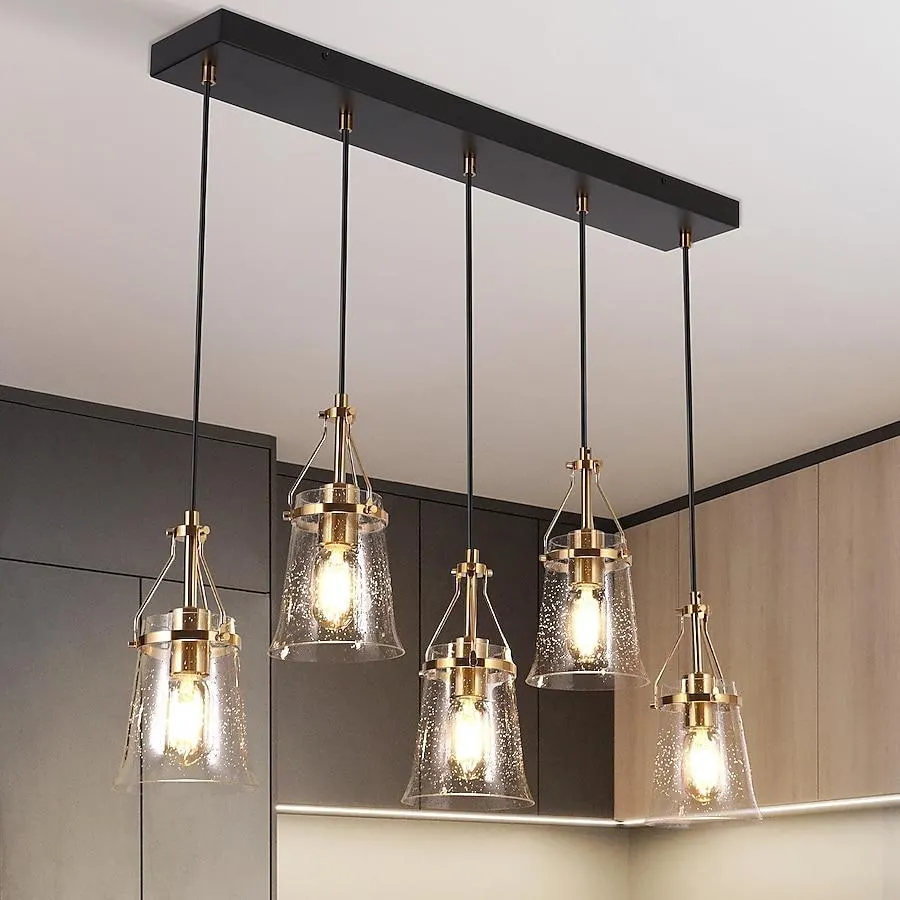LNC Auisre 5 -Light Polished Gold and Bell Seeded Glass Modern/contemporary Seeded glass Linear Large Hanging Kitchen island light