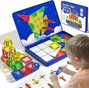 Travel Mini Magnetic Tiles 40 PCS, STEM Toys Magnetic Building Toys for Kids Ages 4-8 with Iron Case, Blocks Building Preschool Learning Sensory Montessori Toys for 3+ Year Old Boys and Girls