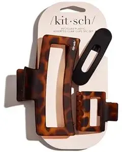 Kitsch Assorted Hair Clips for Women - Strong Hold Open Shaped Hair Claw Clips for Women and Girls, Flat Claw Clip - Matte Finish, Durable Plastic - Black & Tortoise, 3 Pcs
