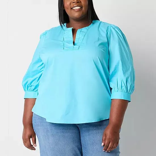 new! St. John's Bay Plus Womens Split Crew Neck Long Sleeve Blouse