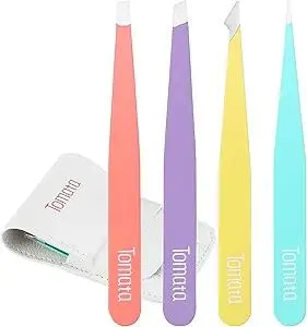 Tweezers for Eyebrows, Slant Tip and Pointed Eyebrow Tweezer Set Great Precision for Eyebrows Facial Hair, Ingrown Hair, Splinter, Blackhead and Tick Remover (4-piece) (Multi-color)