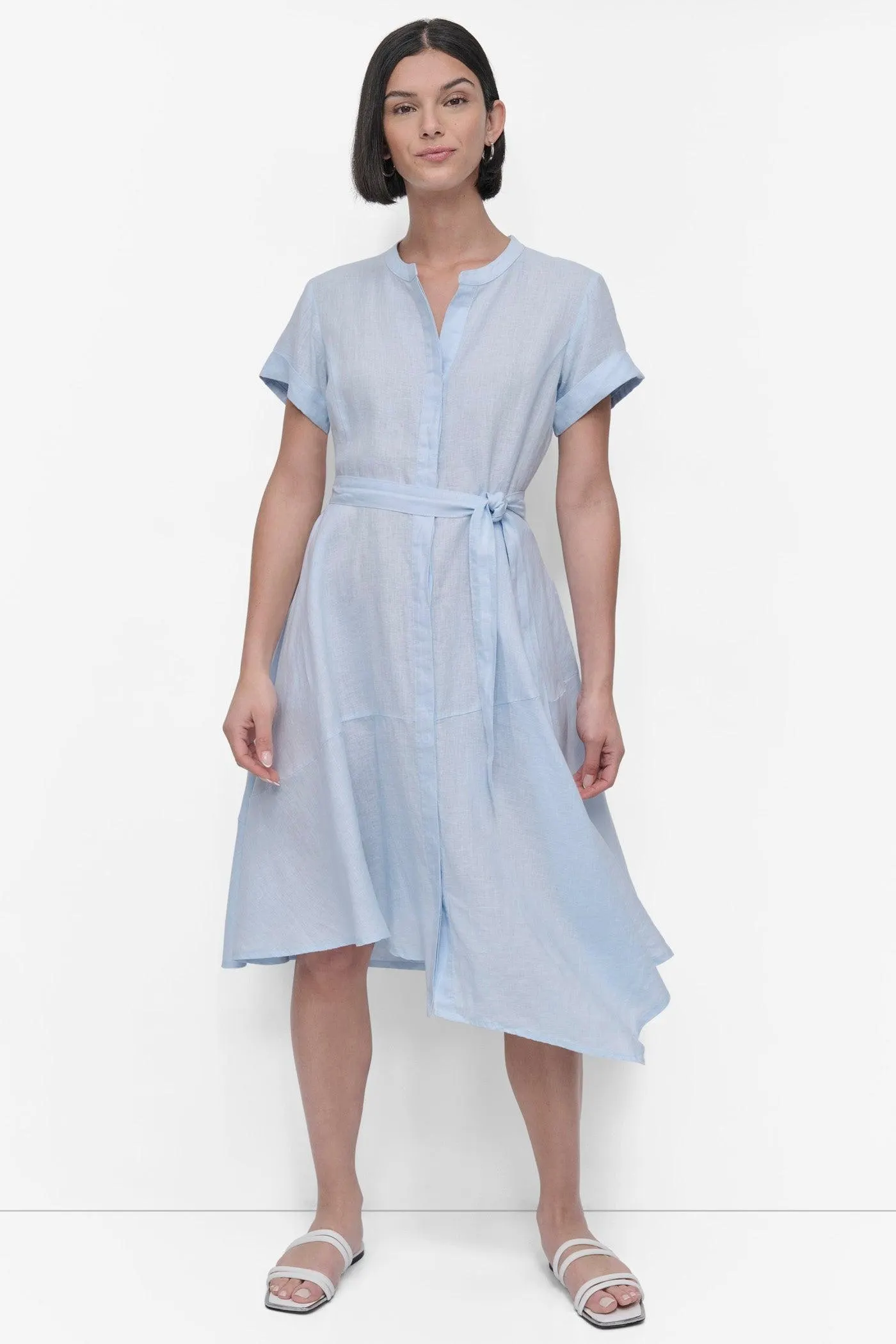 SHORT SLEEVE LINEN WRAP DRESS