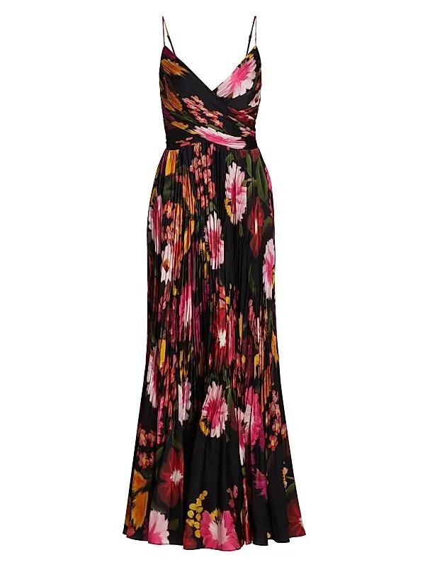 Yonah Pleated Floral Satin Maxi Dress