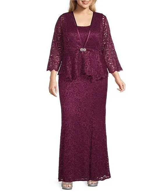 Plus Size Stretch Lace Charmeuse Round Neck 3/4 Sleeves Glitter 2-Piece Jacket Dress