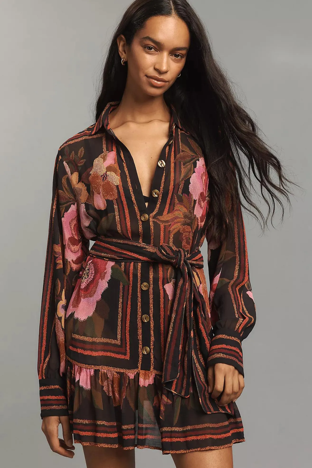 Farm Rio Chenille Flowers Long-Sleeve Belted Mini Shirt Dress
