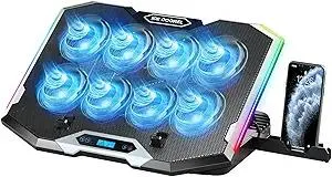 ICE COOREL Gaming Laptop Cooling Pad with 8 Cooling Fans, Laptop Fan Cooler Pad for 15-17.3 Inch, Notebook Cooler Stand with 6 Height Adjustable, RGB Cooling Pad with Two USB Port + Phone Stand