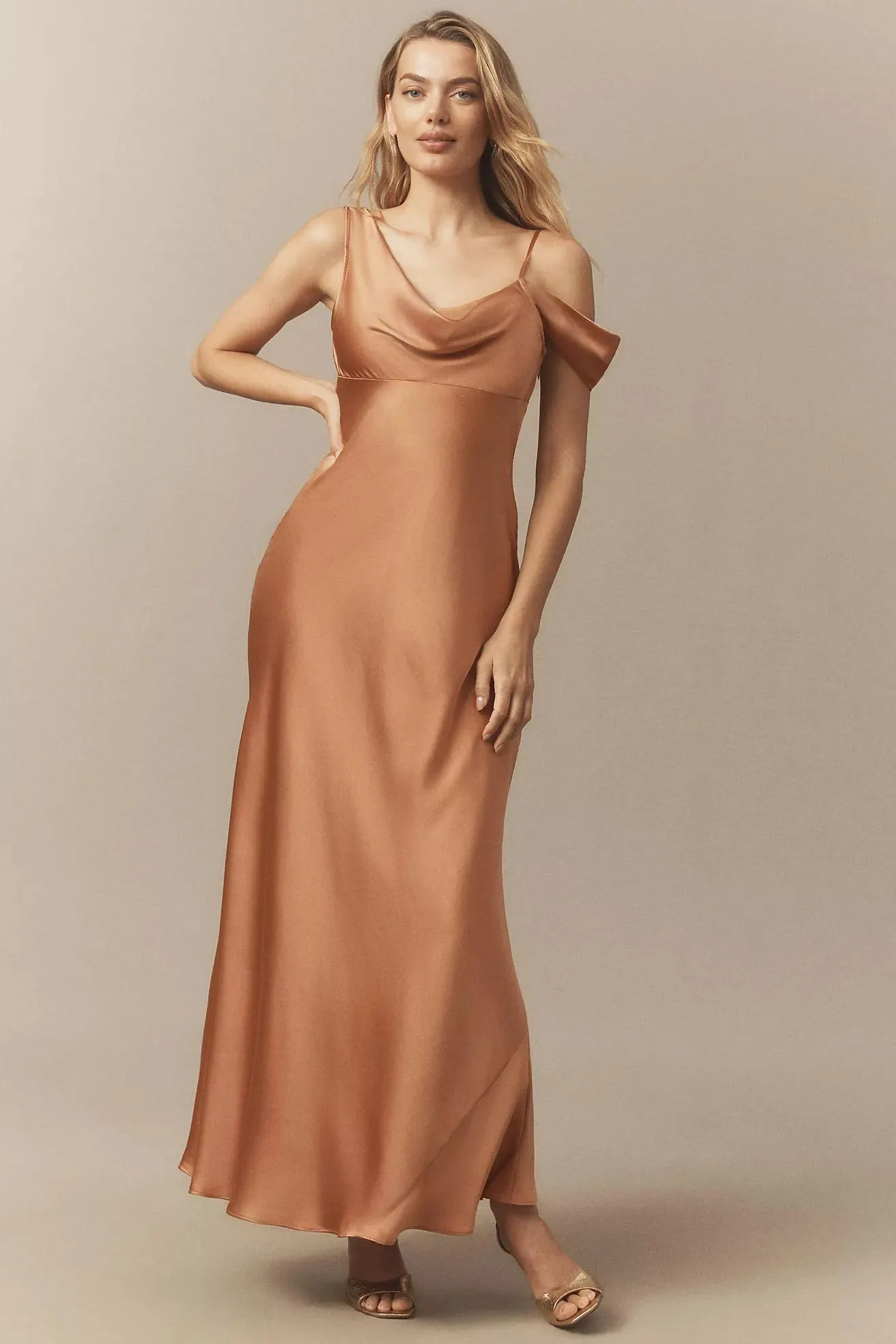 BHLDN Abigail Asymmetric Cowl-Neck High-Shine Satin Maxi Dress