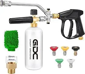 Foam Cannon for Pressure Washer with Dual Connector & Short Spray Gun, 1/4" Quick Connect & M22 Male Inlet, Double Tip, 5 Power Washer Nozzle Tips, 4000 PSI Car Wash Kit (Not Fit Garden Hoses)