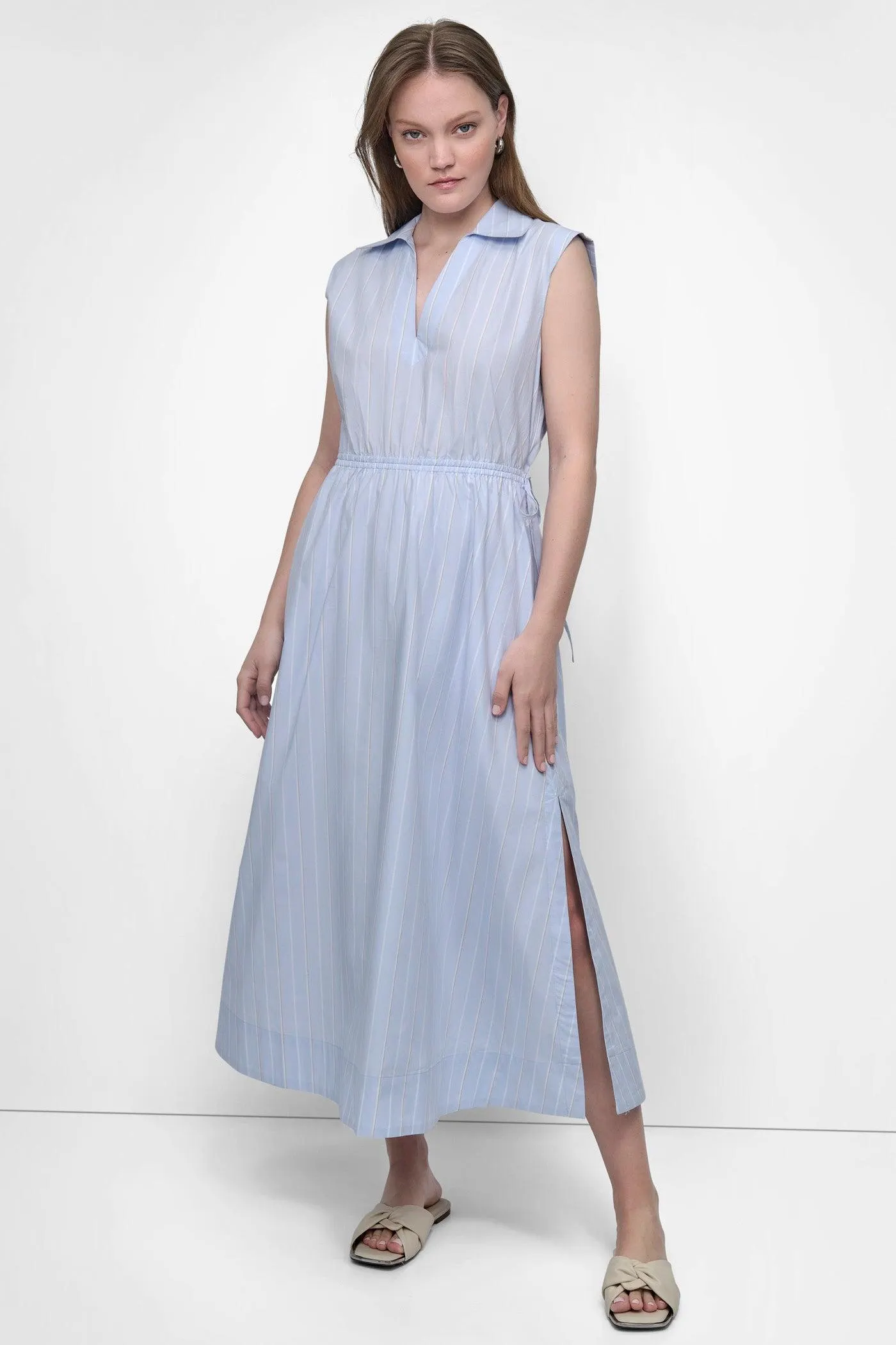 CUTOUT PINSTRIPED MIDI SHIRT DRESS