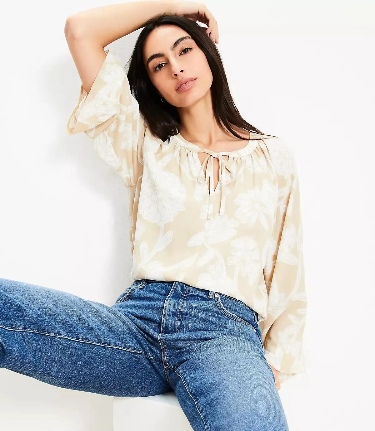 Floral Tie Neck Flare Sleeve Blouse
