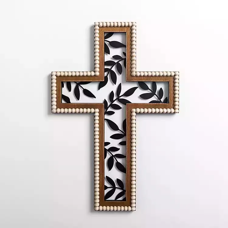 Beaded Metal Leaf Cross Wall Plaque