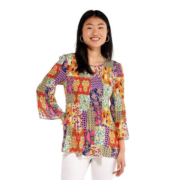 Womens Floral & Ivy 3/4 Sleeve Keyhole Floral Blouse