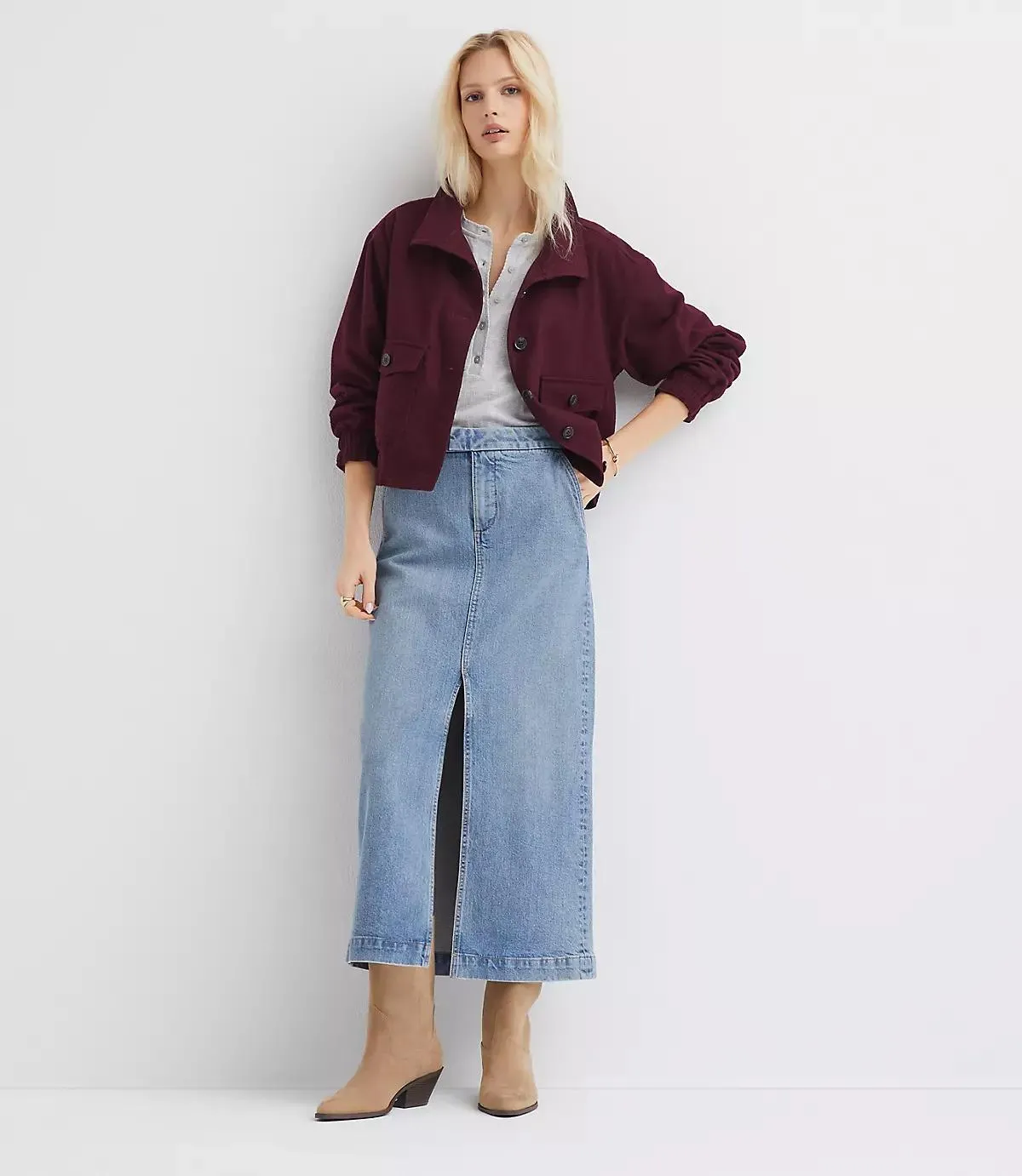 Refined Denim Midi Skirt in Classic Mid Indigo