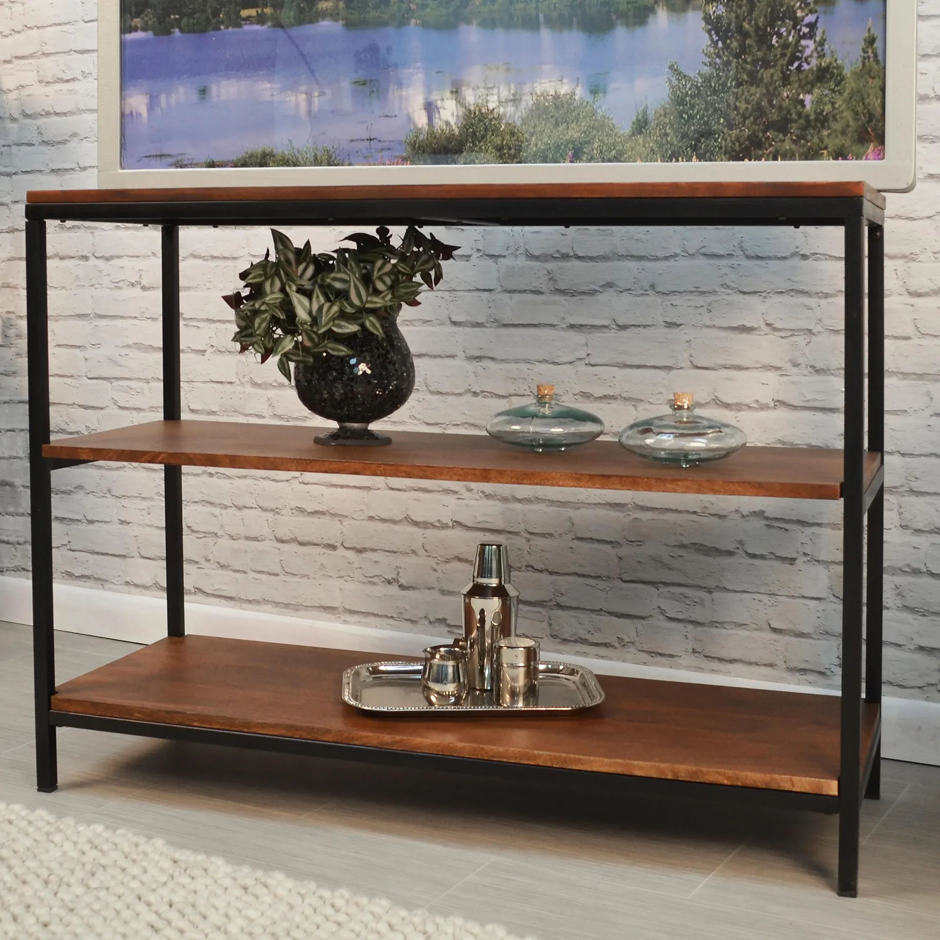 30" High Three-Shelf Wood and Metal Bookcase/Console