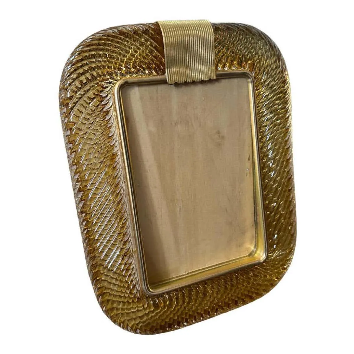 1990s Barovier Style Art Deco Amber Murano Glass and Brass Picture Frame