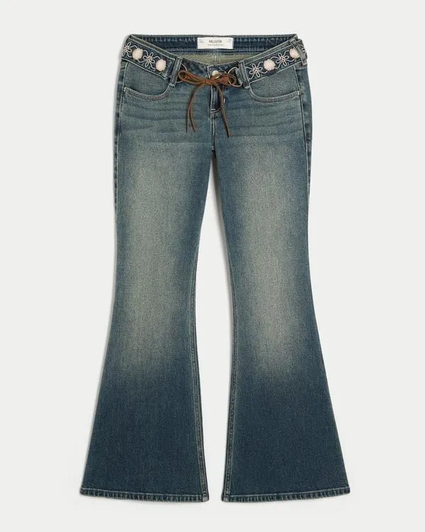 Ultra Low-Rise Embroidered Belt Medium Wash Flare Jeans