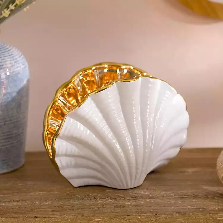 Ceramic White and Gold Clamshell Uplight Lamp