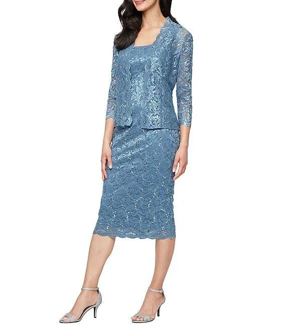 3/4 Sleeve Square Neck Sequin Lace 2-Piece Jacket Midi Dress