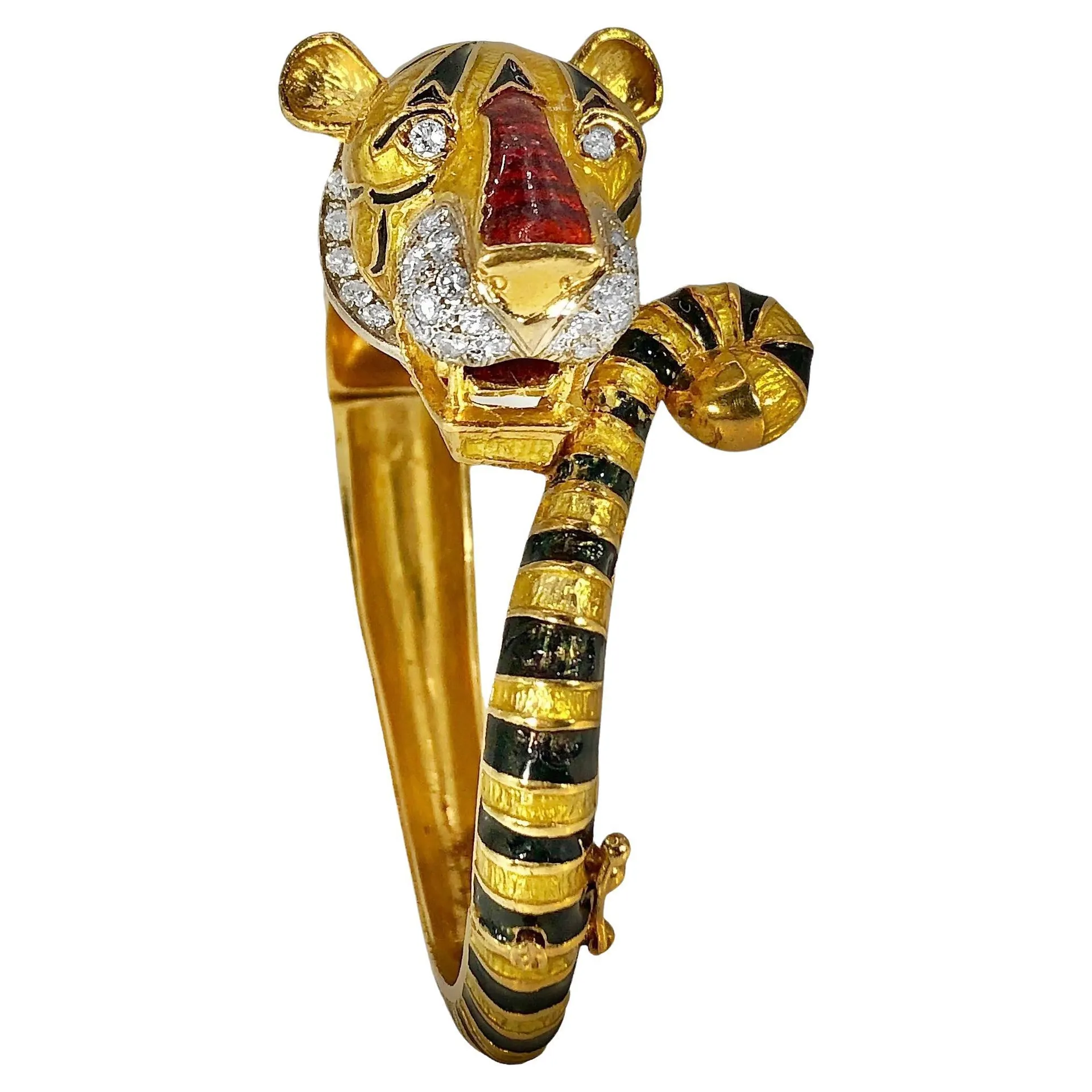 18K Gold, Enamel and Diamond Tiger Bangle Bracelet