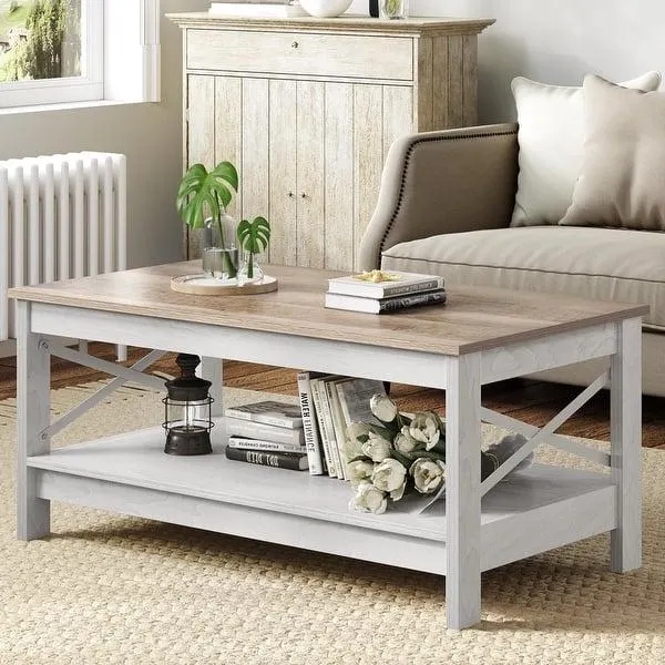 Farmhouse Coffee Table with Storage 2-Tier Center Table for Living Room