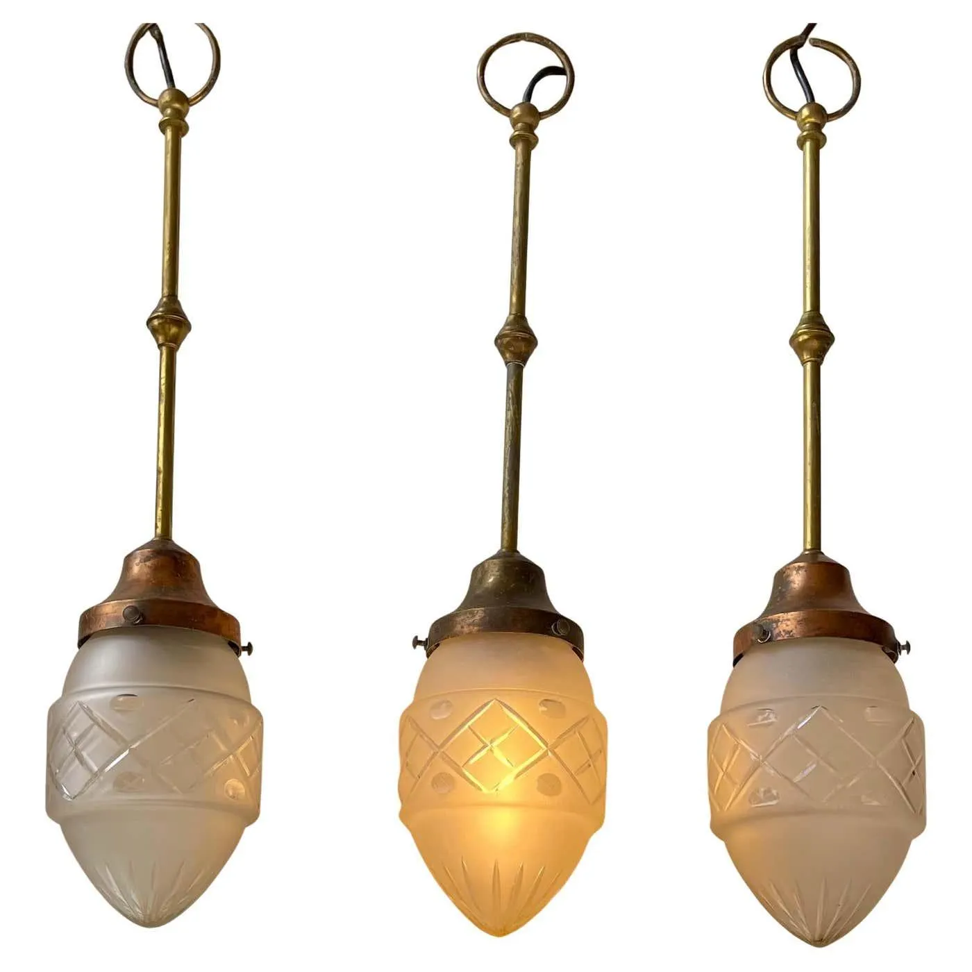 Danish Bespoke Art Deco Grenade Pendant Lights in Copper & Etched Glass, 1920s