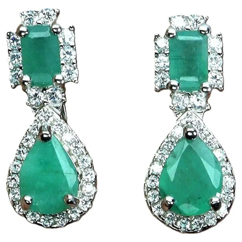 New 2.32 Carat Emerald & Diamond Cut Sapphire 14k White Gold PL Sterling Earring