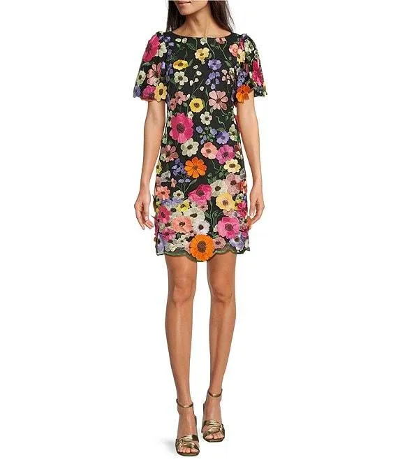3D Embroidered Floral Mesh Boat Neck Short Sleeve Sheath Mini Dress