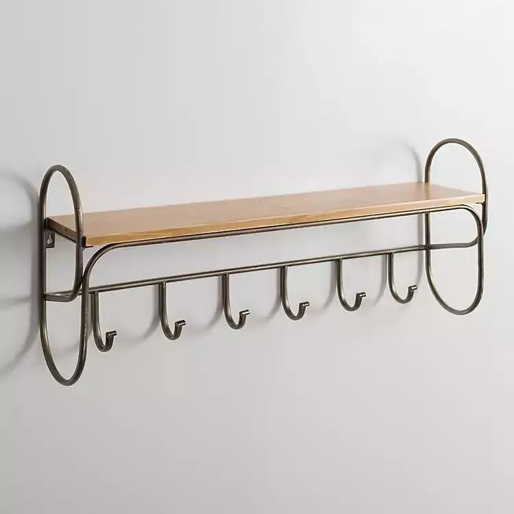 Wood and Metal 6-Hook Wall Shelf