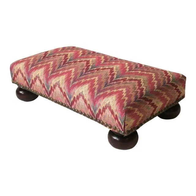 Footstool Bun Feet Schumacher Flamestitch or Missoni Style Upholstery Nail Head Design
