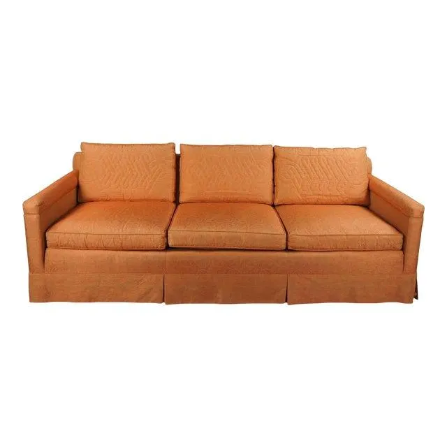1960s Mid Century Modern Globe Furniture Orange Damask Mahogany Quilted 3 Seater Sofa