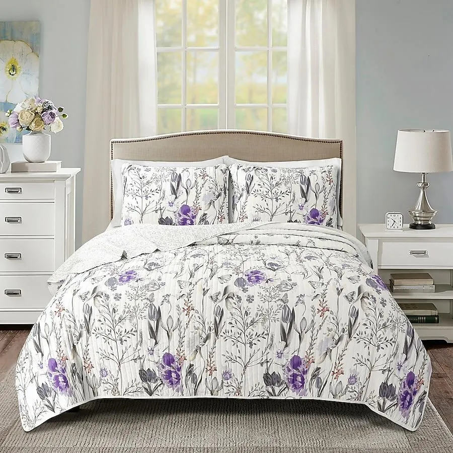 Lush Decor Purple Floral Reversible King Quilt Cotton