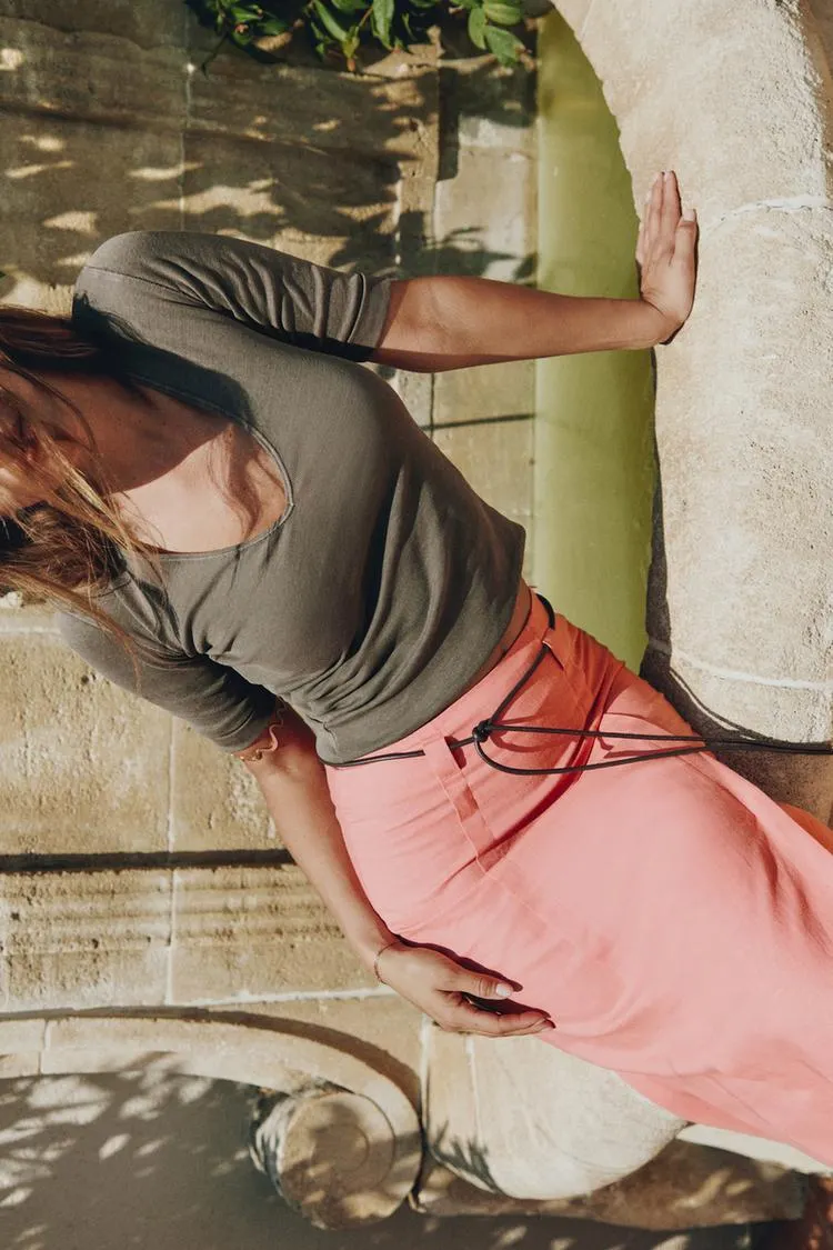 LINEN BELTED MIDI SKIRT