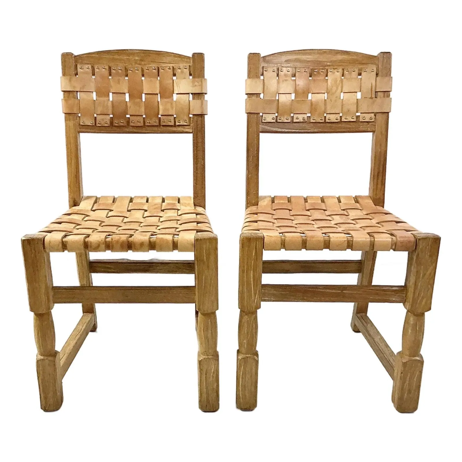 1970s Brutalist Boho Chic Ceruse Oak & Leather Strap Dining Chairs - A Pair