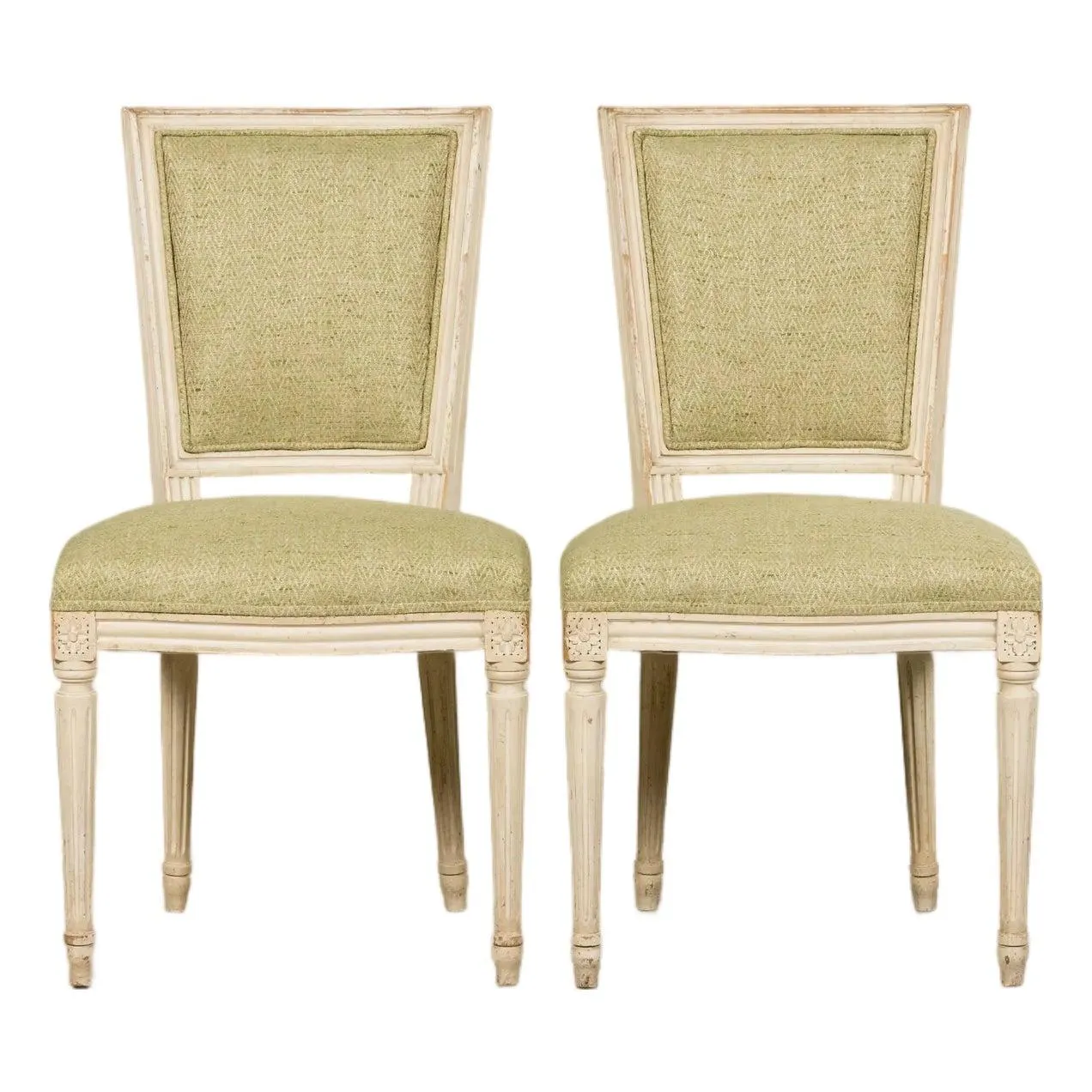 Antique French Louis XVI Style Painted Accent Side Chairs in Light Green Fabric - A Pair