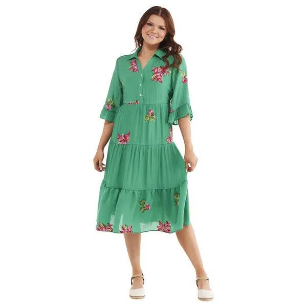Womens Figueroa & Flower Elbow Sleeve Embroidered Tier Maxi Dress