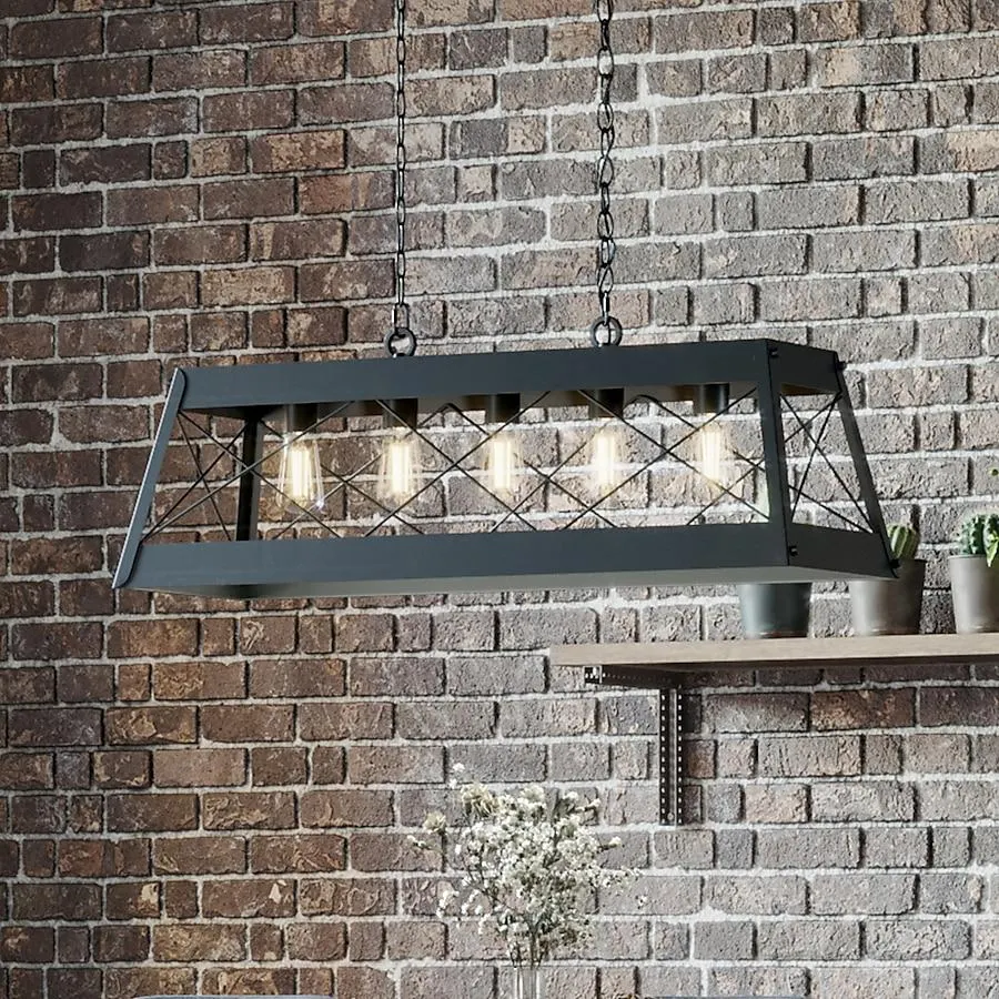 Progress Lighting Bradberry 5 -Light Matte Black Farmhouse Linear Large Hanging Kitchen island light