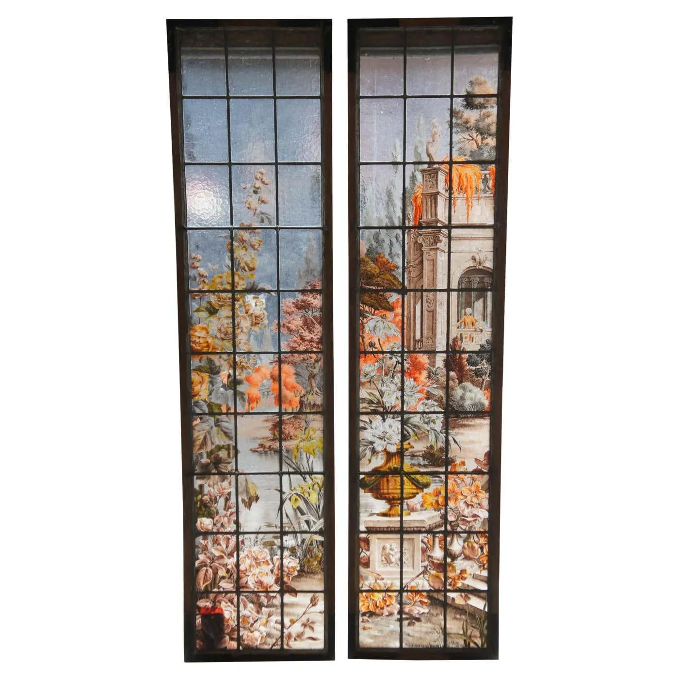 2 French Painted & Fired Neoclassical Leaded Botanical Stained Glass Windows 62"