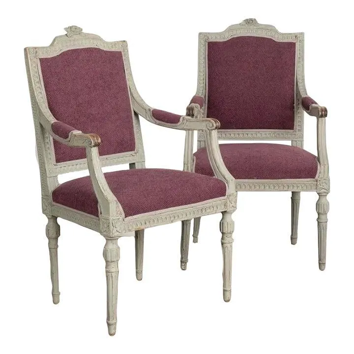 Pair, Antique Gray Painted Gustavian Arm Chairs, Sweden Circa 1880