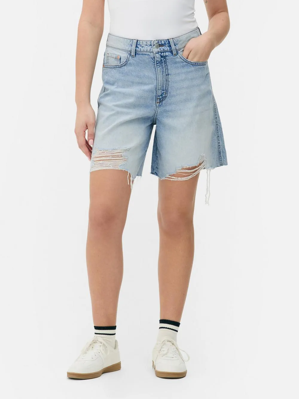 Ripped Denim Bermuda Shorts